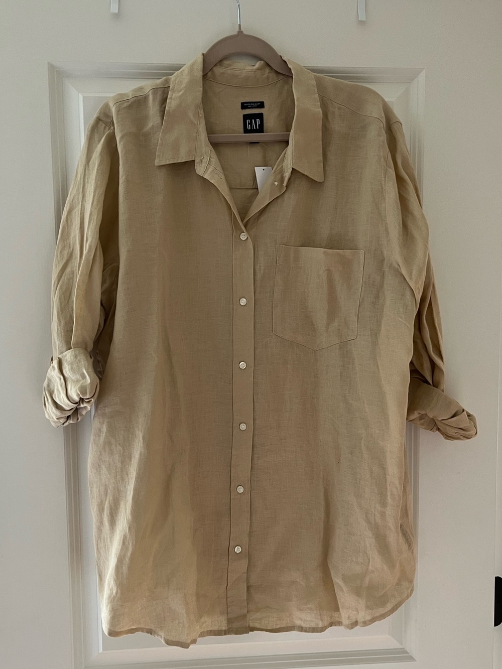 NWT Gap Women’s 100% Linen Classic Oversized Boyfriend Button Down in Tan